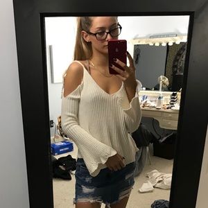 white open shoulder sweater
